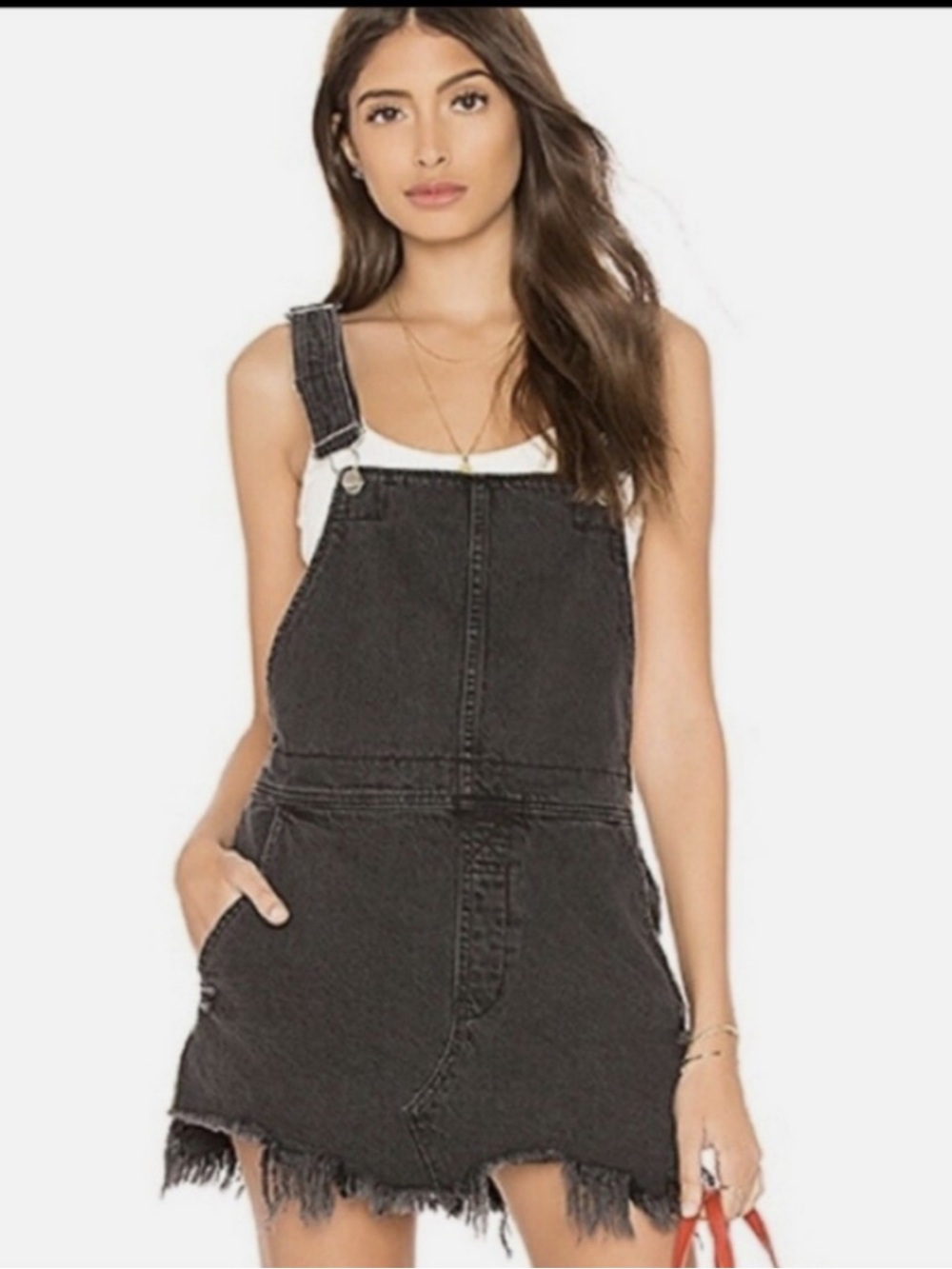 Free People Black Denim Overall Mini Dress Raw Hem Women’s Size 12